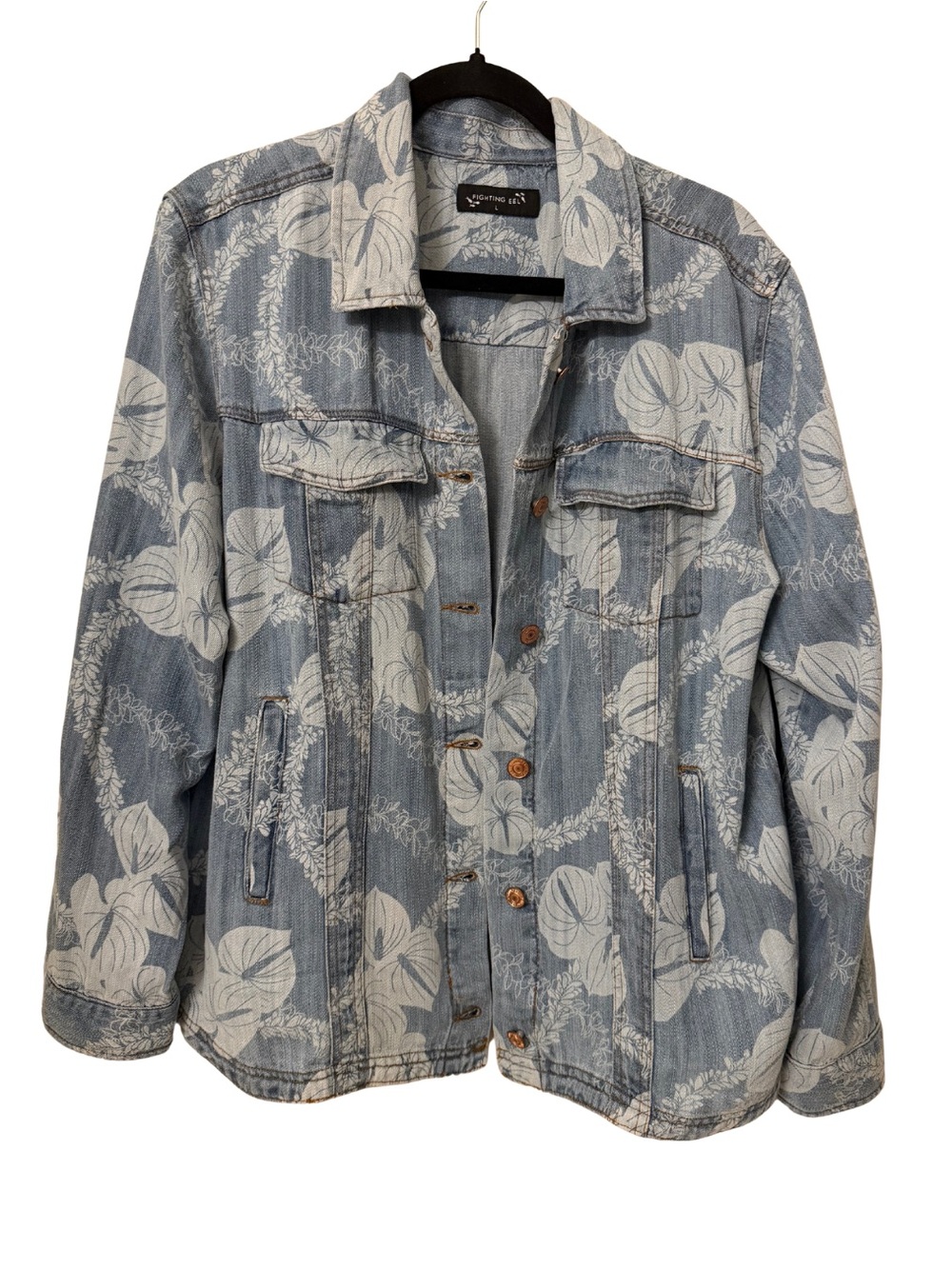 Fighting Eel Shacket Blue Floral Denim Jacket LG NWOT